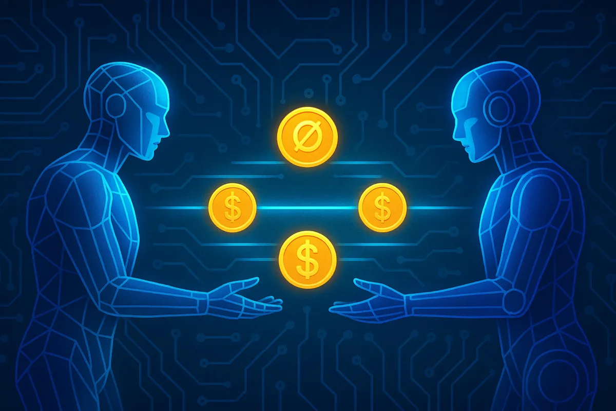 Digital network of AI agents exchanging stablecoin payments across global financial rails
