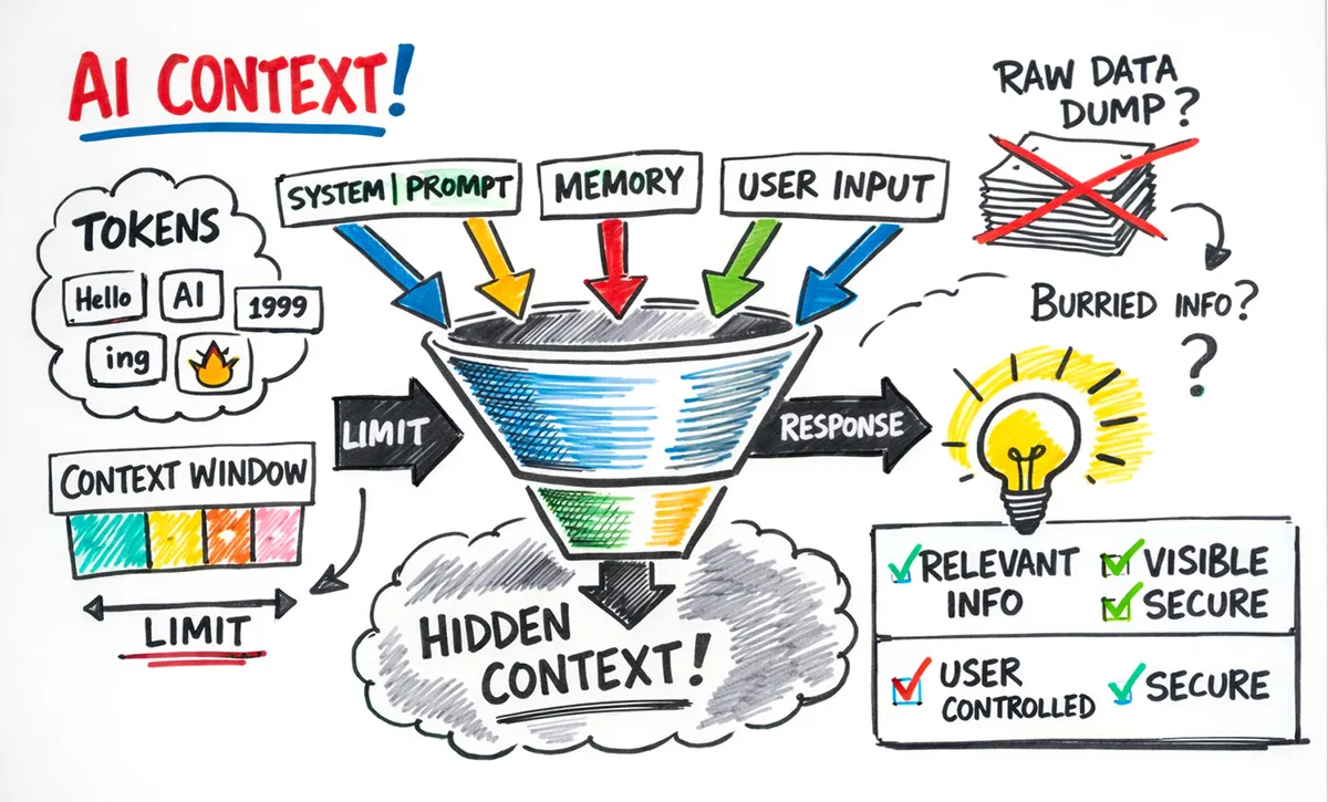 Hand-drawn whiteboard diagram showing AI context, with tokens, system prompt, memory, and user input flowing into a limited context window.