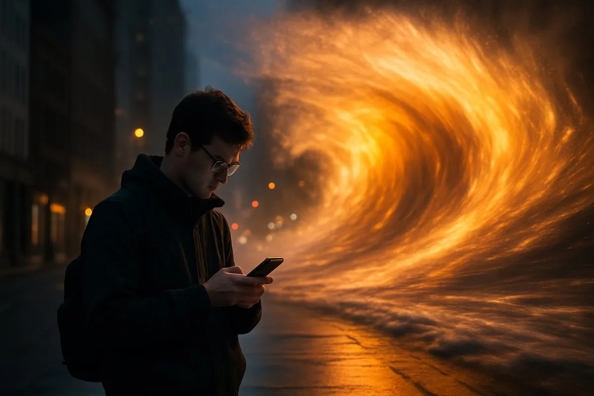 A person standing still looking at their phone while a massive wave of light and motion approaches unseen behind them