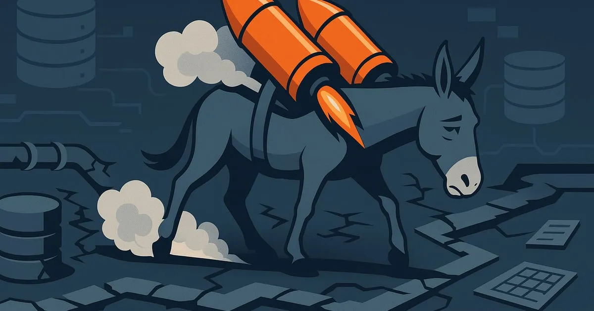 Visual metaphor of strapping rockets to a donkey representing ineffective AI implementation on broken systems