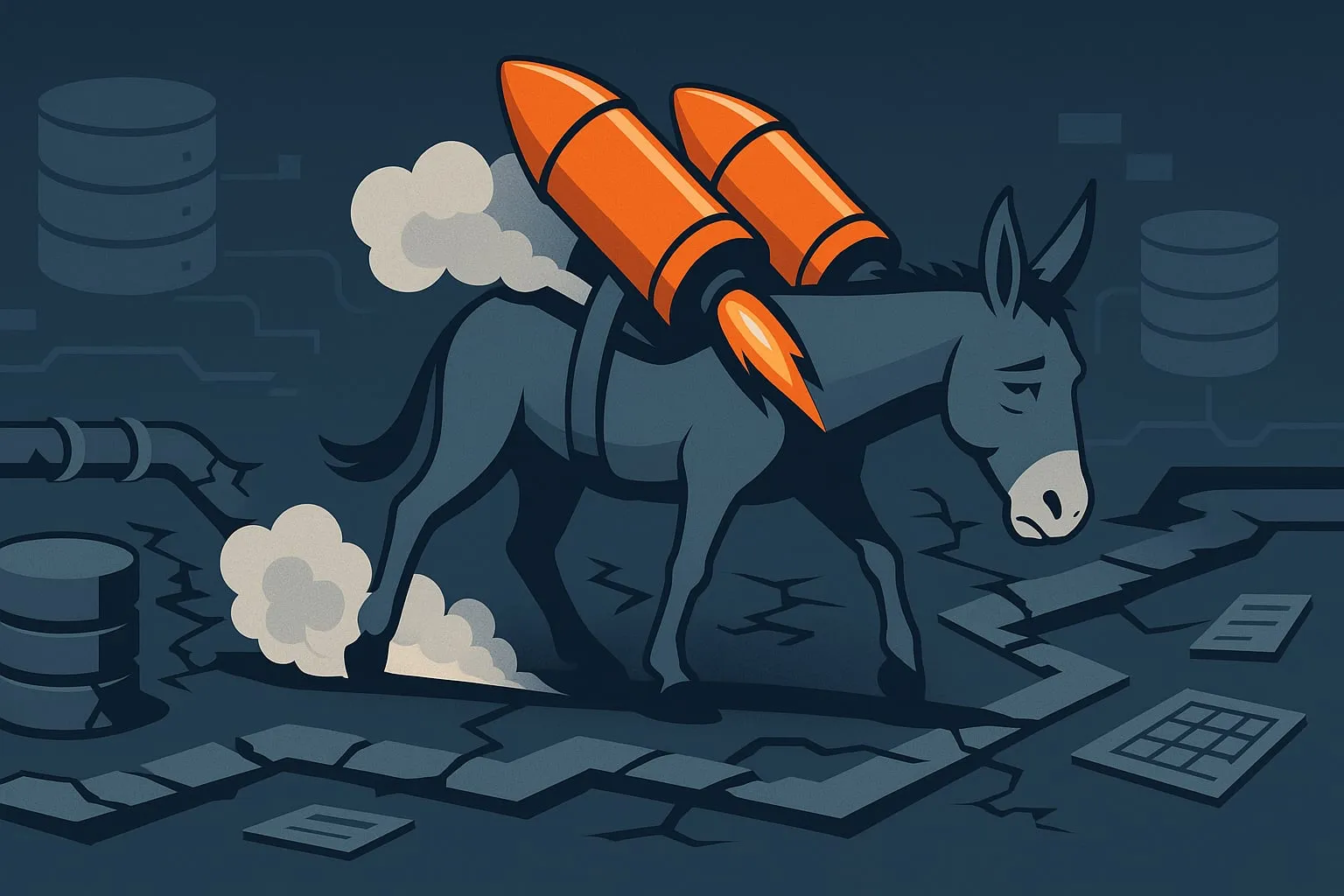Visual metaphor of strapping rockets to a donkey representing ineffective AI implementation on broken systems