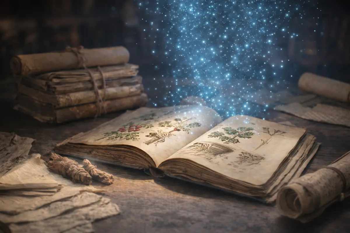 Ancient manuscripts and weathered scrolls with streams of digital light rising from the pages, representing endangered knowledge preserved through AI