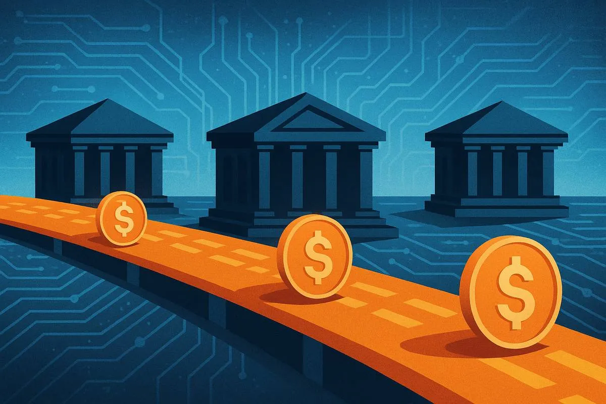 Banks managing digital settlement rails with stablecoins moving across them