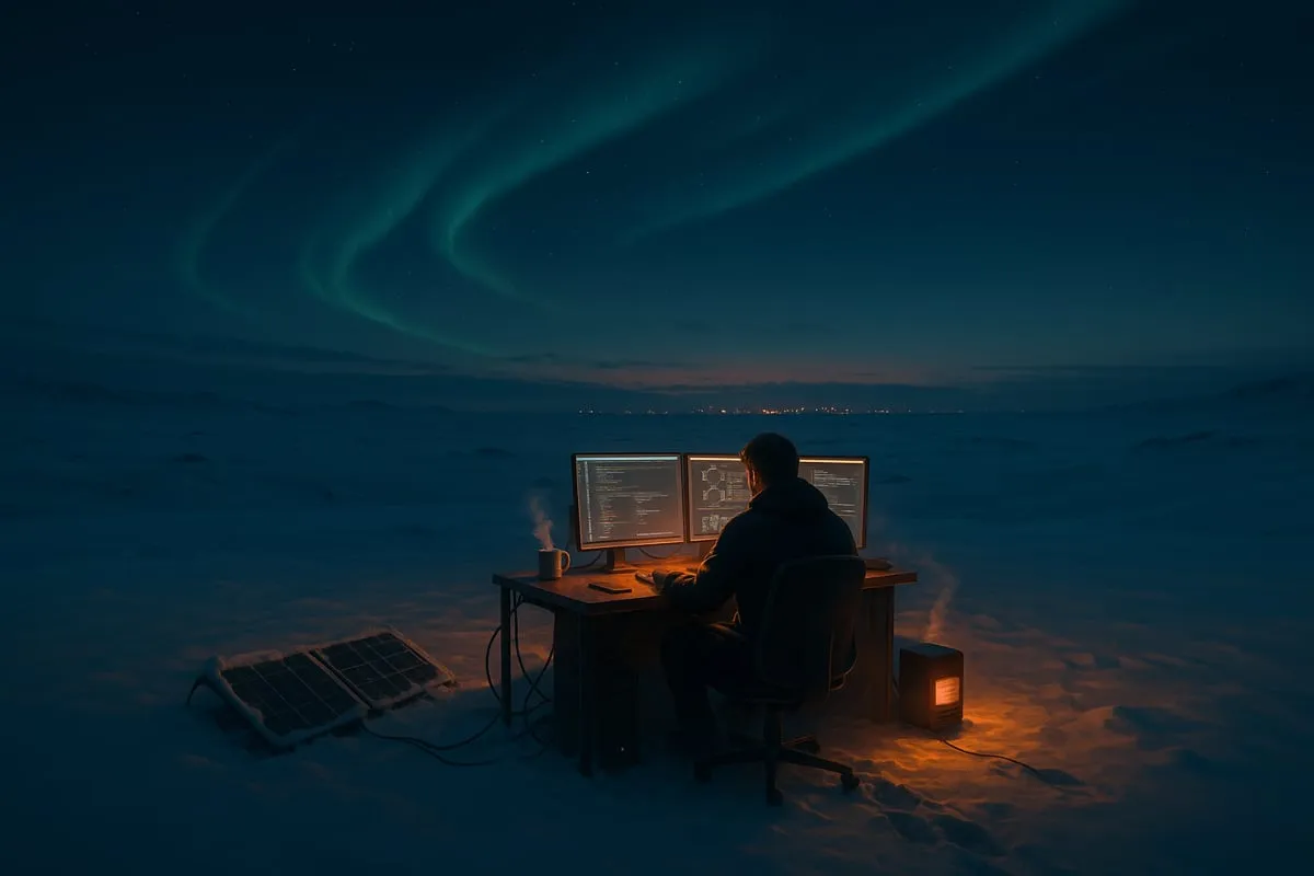 A lone builder working on infrastructure in a snow-covered landscape, with faint lights of civilization in the distance, symbolizing resilience and quiet determination during crypto winter