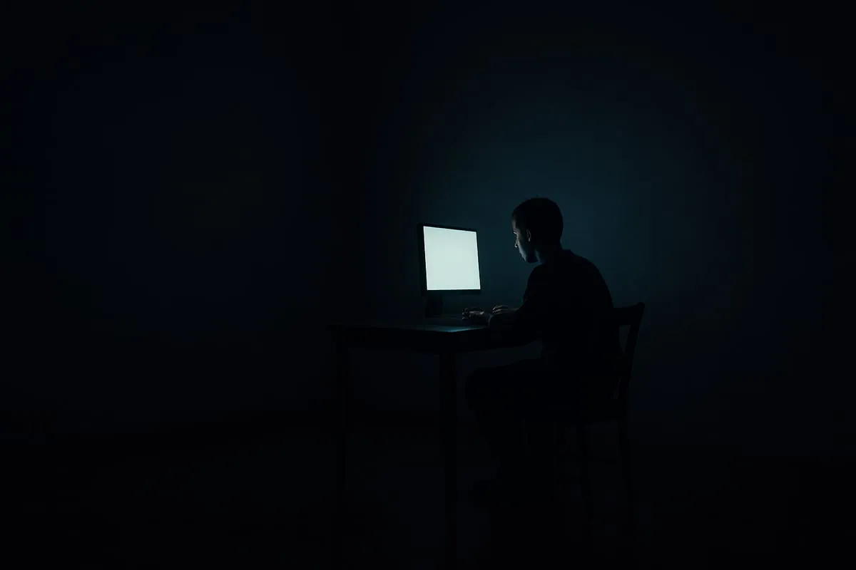 A solitary figure at a desk illuminated by screen light in an otherwise dark room
