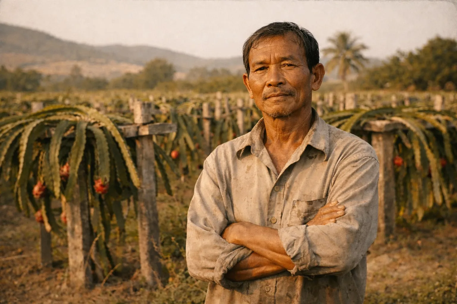 Vietnamese farmer standing in front of dragon fruit farm in Phan Thiet, Binh Thuan province