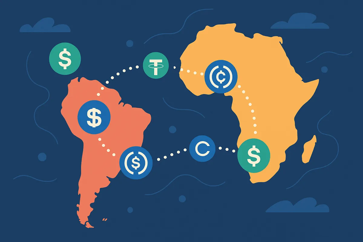 Stablecoin tokens connected across Africa and Latin America remittance corridors with digital payment flows