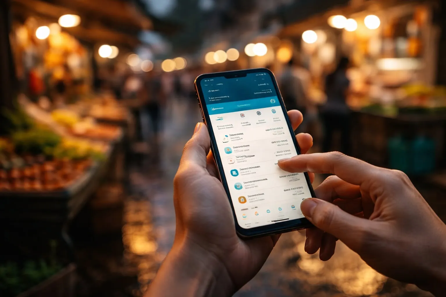 Hands holding a phone showing a mobile banking app on a busy market street