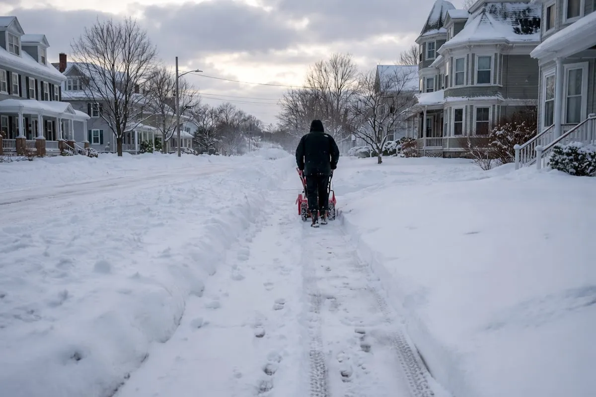 A single figure pushing a snowblower along a snow-covered residential sidewalk at dawn, clearing a narrow path through deep snow