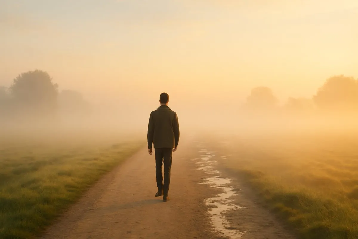 A solitary figure walking forward on a path at dawn, the path behind fragmenting into fog