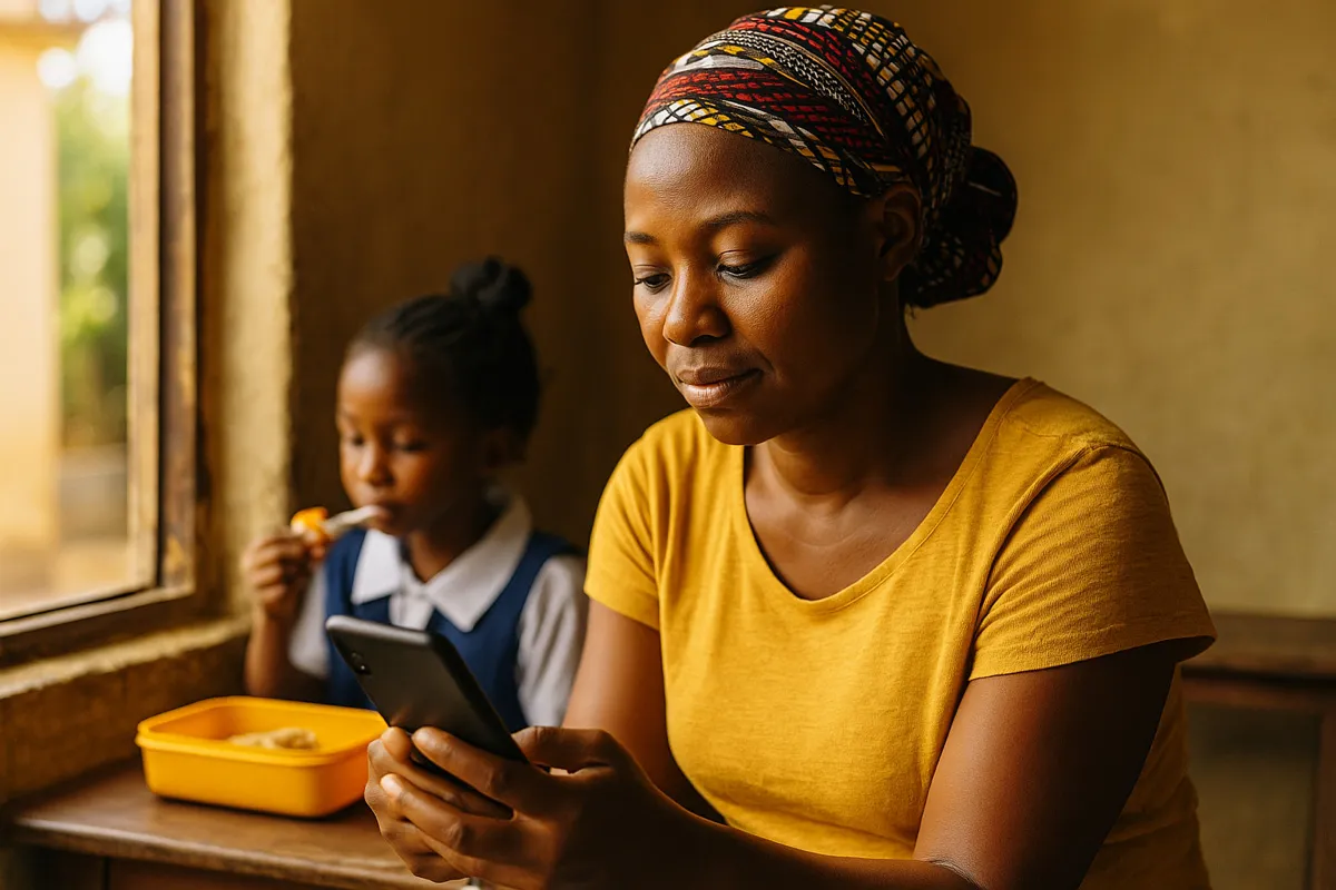 An African mother using her mobile phone to send money for her child's school lunch in Lagos, Nigeria.