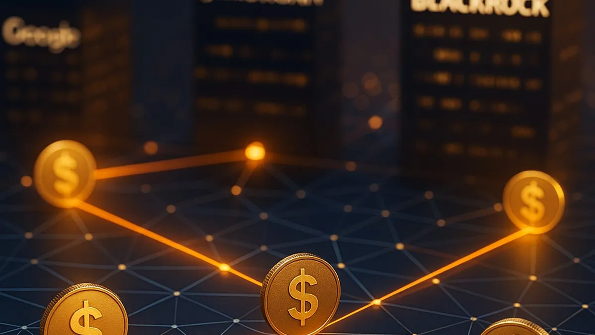 Global financial institutions connecting to blockchain rails with stablecoin transactions flowing across networks