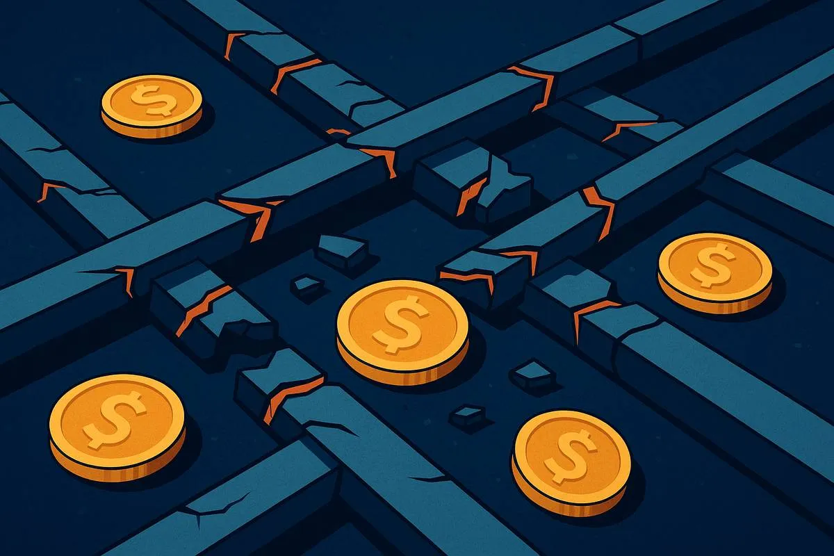 Broken blockchain rails with scattered stablecoin tokens representing collapsing liquidity