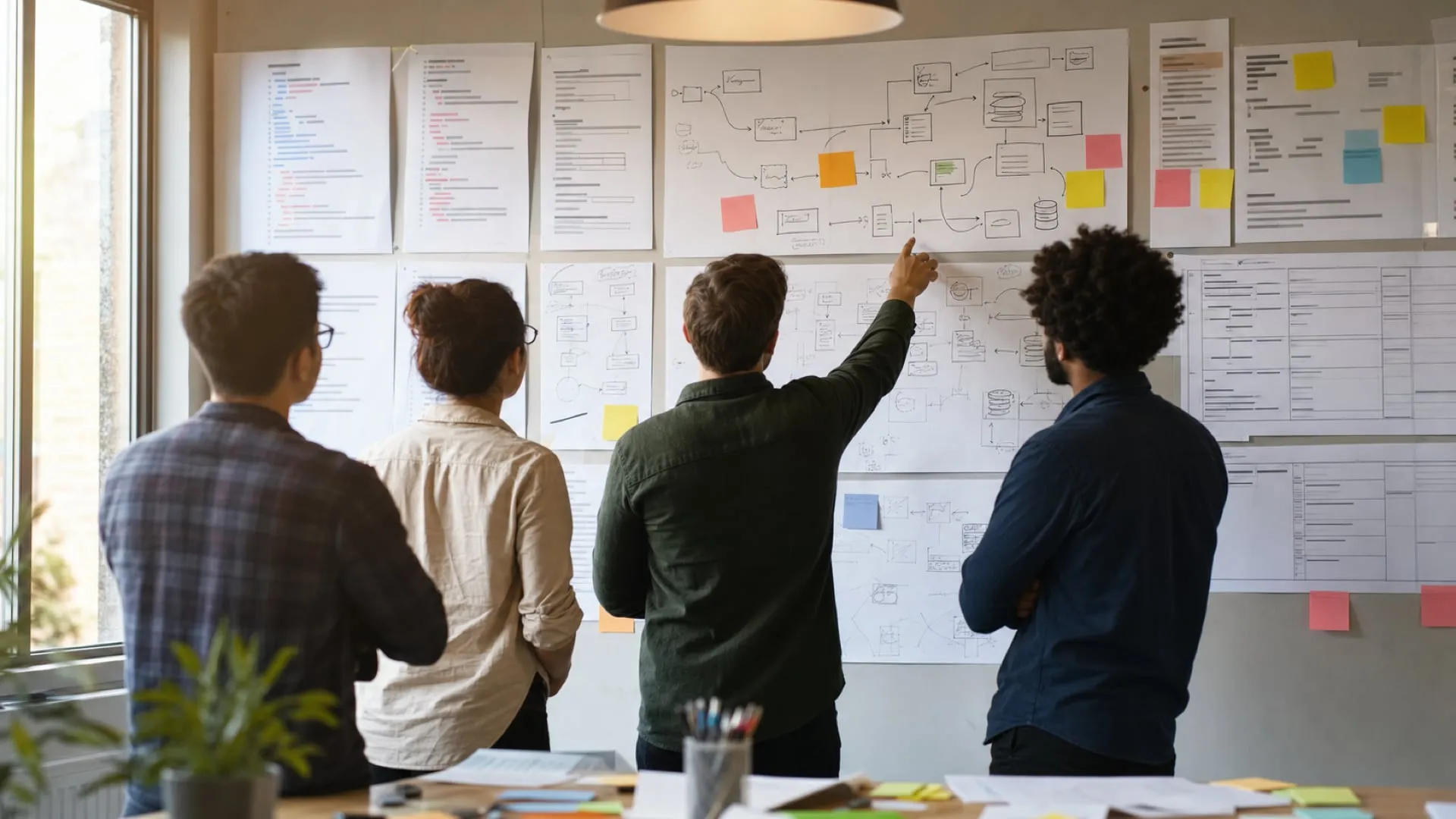Engineers gathered around a shared project room wall where code, architecture notes, and decision traces are organized into one coherent working surface.