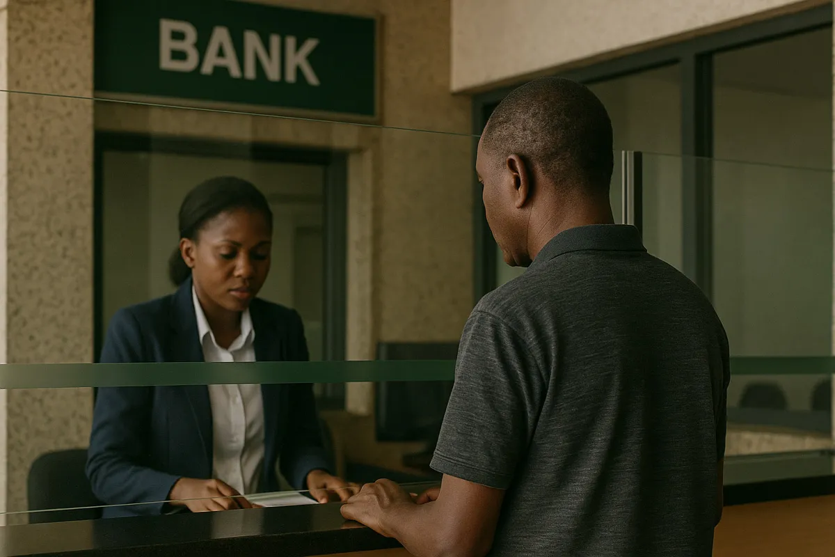 Nigerian man standing at a bank counter facing a frozen transaction due to crypto restrictions