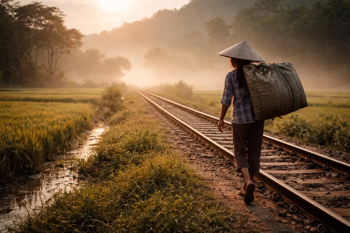 Young woman carrying rice along railroad tracks in rural Vietnam, early morning light